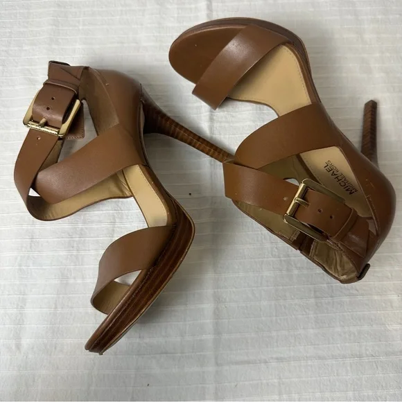 Michael Kors Brown Leather Strappy Stiletto Heels gold hardware - Picture 10 of 16